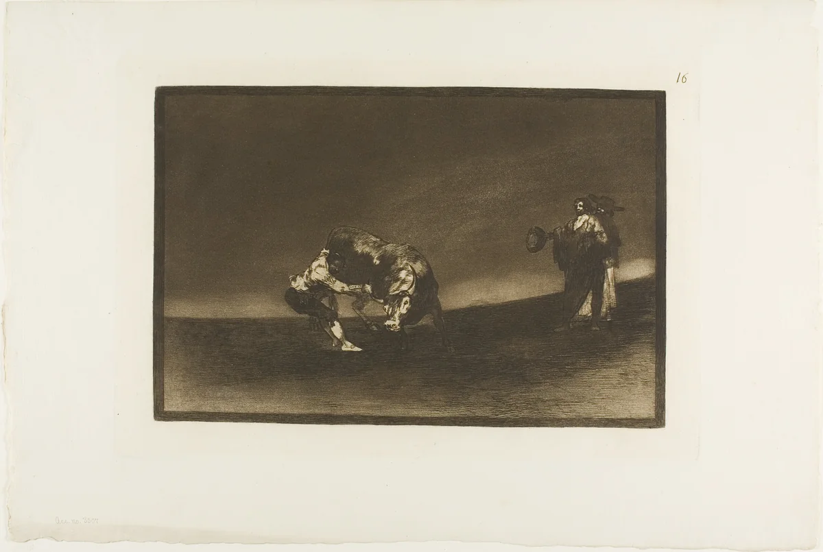 The Same Man Throws a Bull in the Ring at Madrid, plate 16 from The Art of Bullfighting by Francisco José de Goya, print, 1814-1816