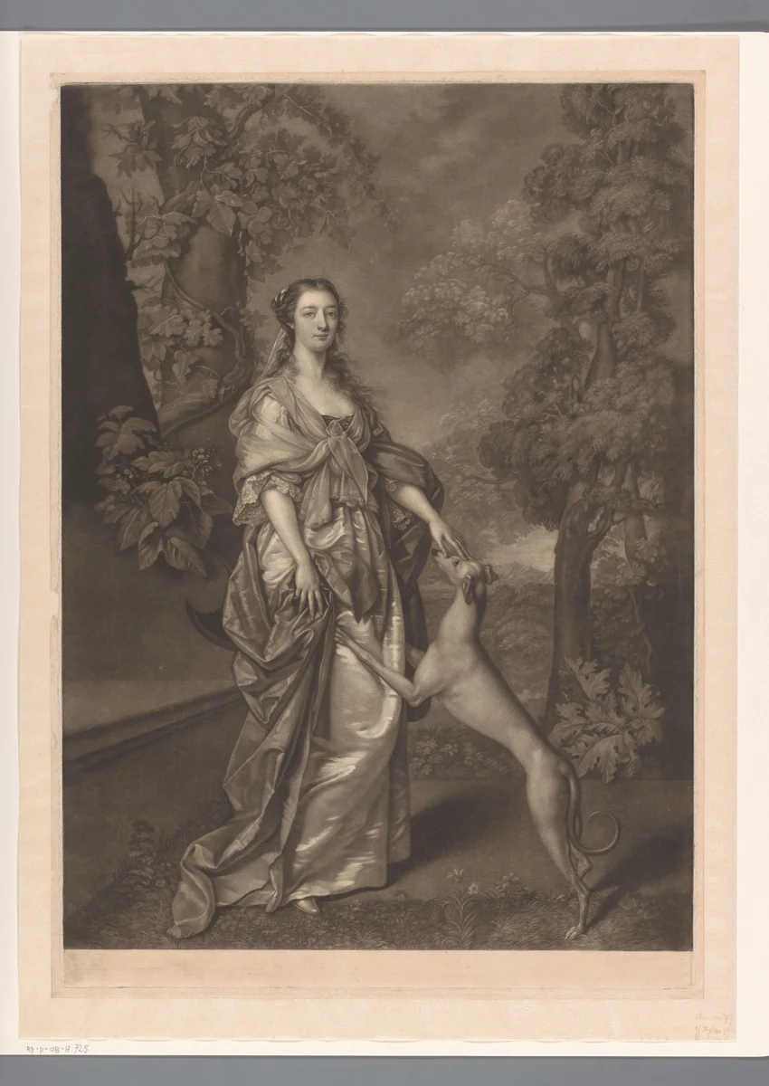Portret van Elizabeth Gunning, hertogin van Hamilton by John Faber, print, 1734-1756
