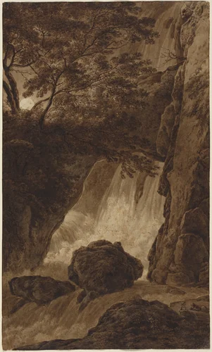 A Waterfall by Moonlight by Franz Kobell, drawing, 1749-1822