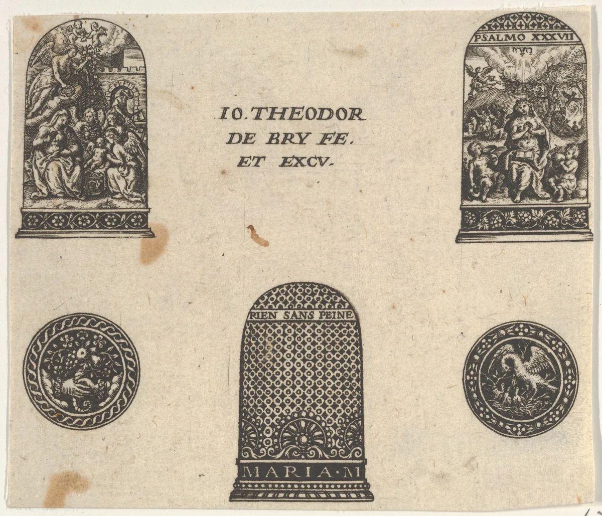 Horizontal Panel with Three Thimble Designs and Two Medallions by Johann Theodor de Bry, print, 1580-1600