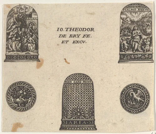Horizontal Panel with Three Thimble Designs and Two Medallions by Johann Theodor de Bry, print, 1580-1600