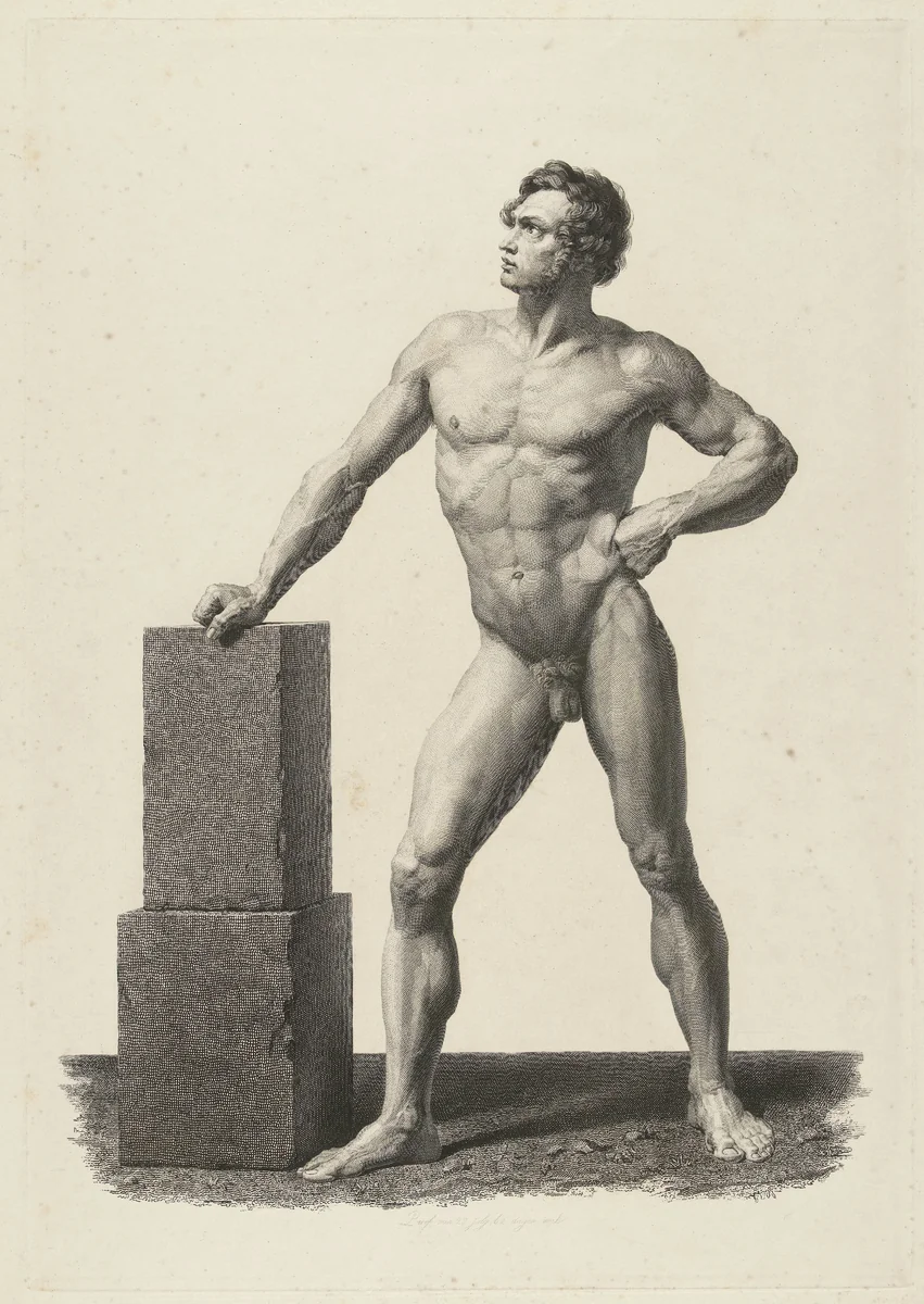 Naakte man, met de rechterhand op een stenen blok leunend by Henricus Wilhelmus Couwenberg, print, 1836