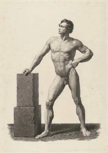 Naakte man, met de rechterhand op een stenen blok leunend by Henricus Wilhelmus Couwenberg, print, 1836