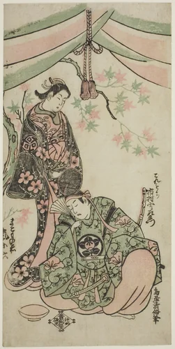 The Actors Arashi Koroku I as Makomo no Mae and Ichikawa Uzaemon VIII as Taira no Koremochi in the play "Shusse Momijigari," performed at the Ichimura Theater in the eleventh month, 1747 by Torii Kiyomasu II (鳥居 清倍), print, 1747