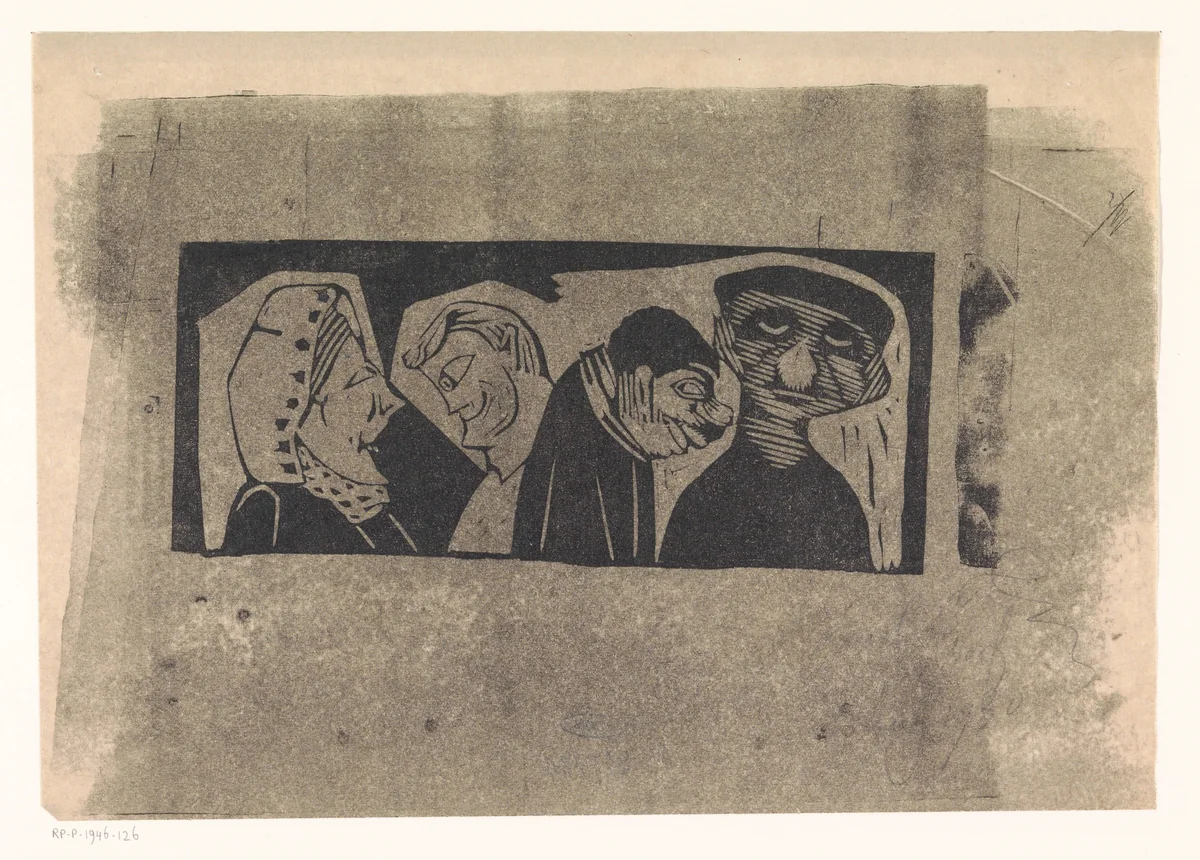 Vier gestileerde mensfiguren op een rij by Samuel Jessurun de Mesquita, print, 1930