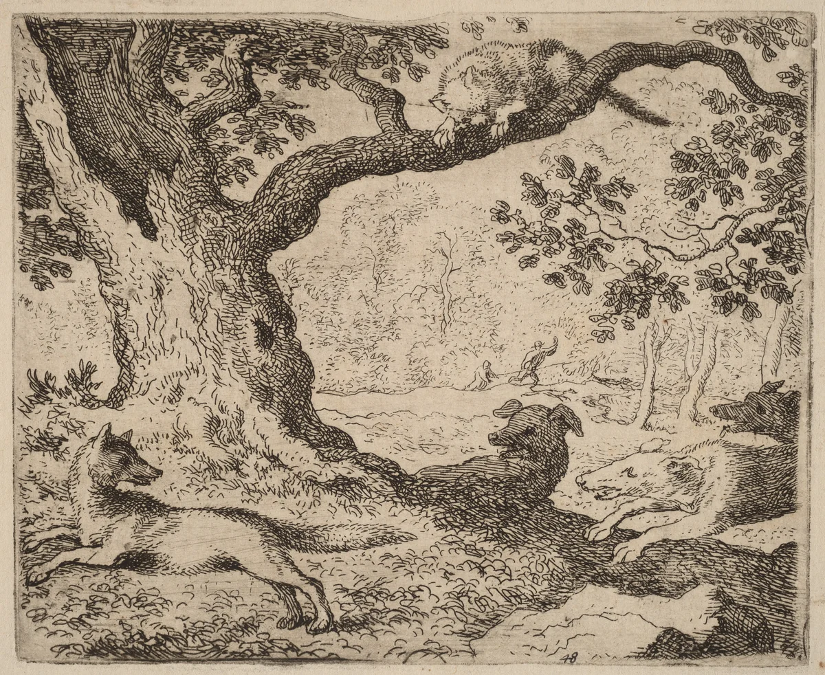 Reynard's Father and the Cat Pursued by Hounds by Allart van Everdingen, print, 1645-1656