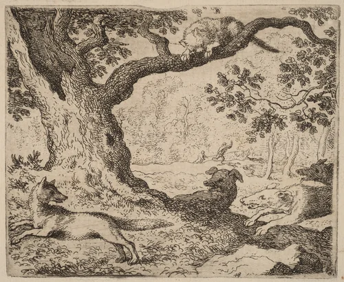 Reynard's Father and the Cat Pursued by Hounds by Allart van Everdingen, print, 1645-1656