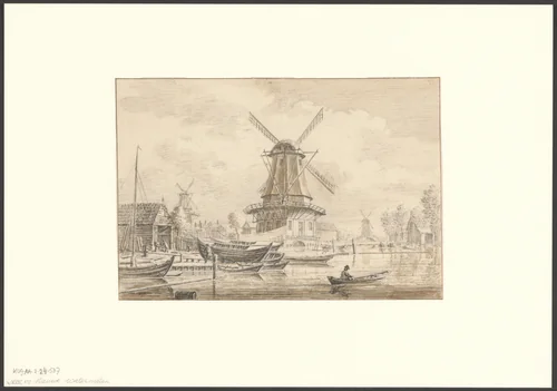 Gezicht op het Funen en bolwerk Zeeburg met molen De Zon by anonymous, drawing, 1700-1799
