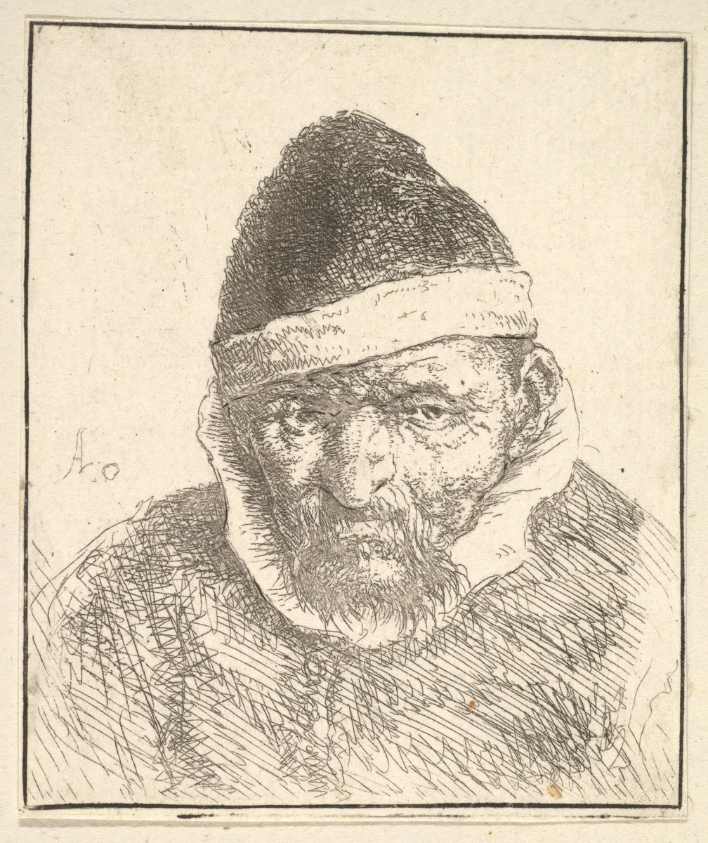 Old Man with White Collar and Pointed Hat by Adriaen van Ostade, print, 1610-1685
