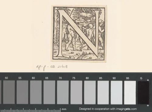 Letter N: kinderen dragen een menselijk lichaam op een baar by anonymous, print, 1543