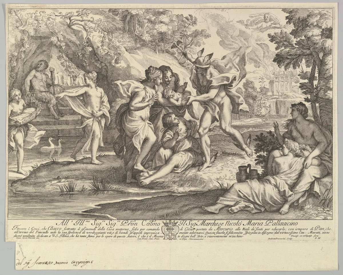 Bacchus as a child given by Mercury to the care of the Nymphs by Andrea Procaccini, print, 1671-1734