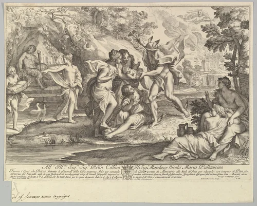 Bacchus as a child given by Mercury to the care of the Nymphs by Andrea Procaccini, print, 1671-1734