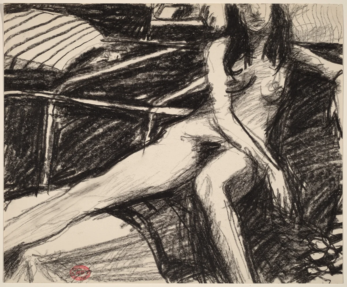 Untitled [female nude sitting with her right leg up] by Richard Diebenkorn, drawing, 1955-1967