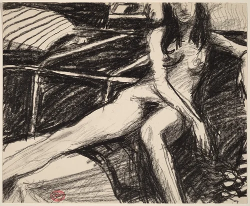Untitled [female nude sitting with her right leg up] by Richard Diebenkorn, drawing, 1955-1967