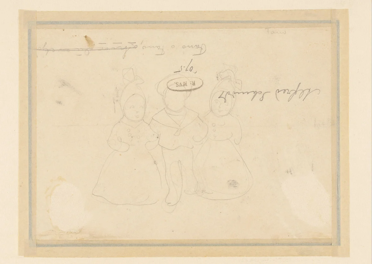 Man gearmd wandelend tussen twee dames by Alfred Michael Roedstad Schmidt, drawing, 1868-1907