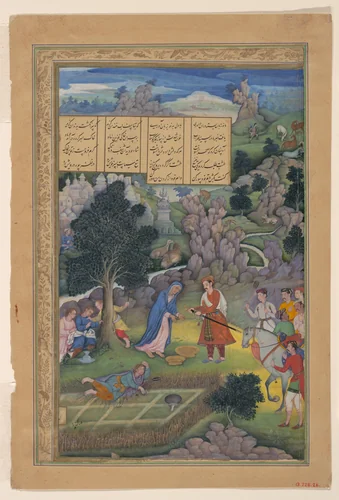 "A King Offers to Make Amends to a Bereaved Mother", Folio from a Khamsa (Quintet) of Amir Khusrau Dihlavi by Amir Khusrau, manuscript, 1572-1623