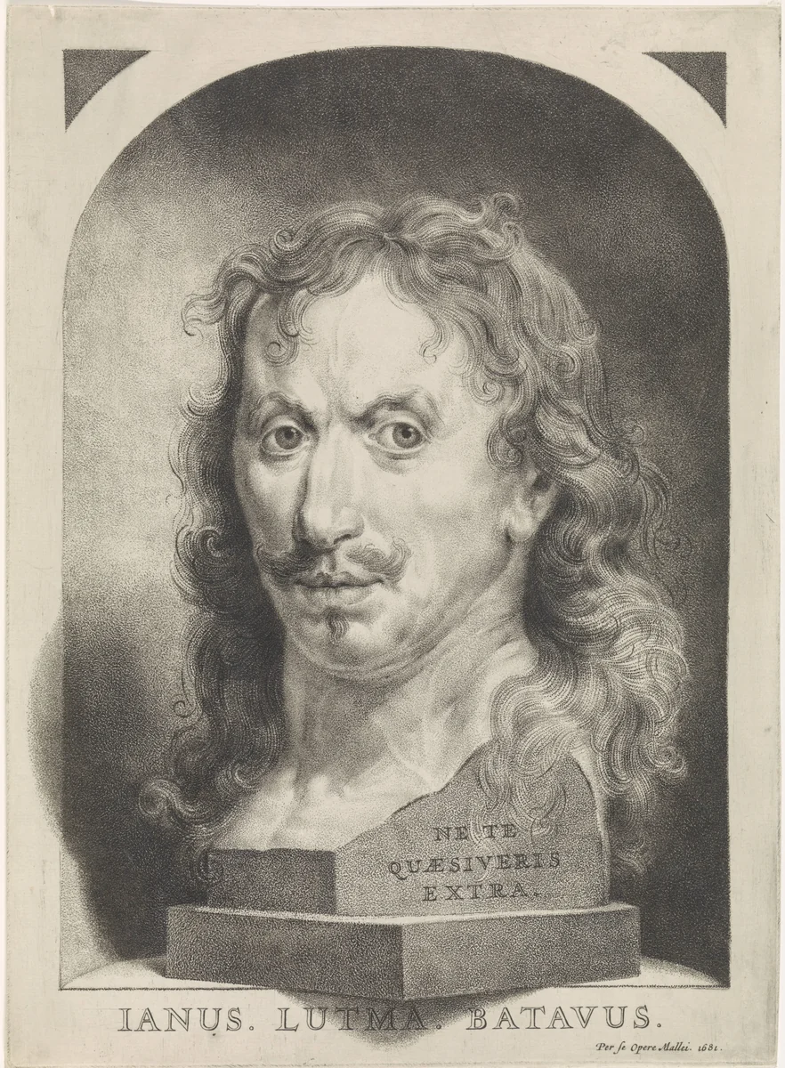 Zelfportret van Johannes Lutma de Jonge in een nis by Johannes Lutma, print, 1681