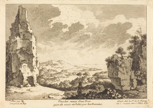 Veue des ruines d'une Tour qu'on dit avoir ete batie par les Romains by François Boucher, print, 1705-1763