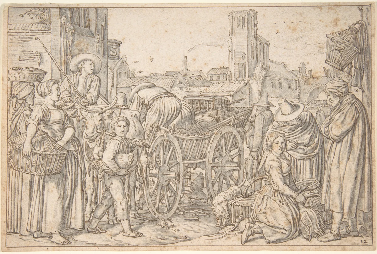 A Poultry Market in a Dutch Town by Willem Pietersz Buytewech, drawing, 1621