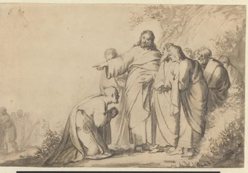 Christus met een knielende man en zijn discipelen by Jacob Hogers, drawing, 1624-1652