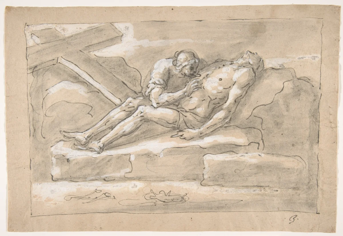 The Dead Christ Mourned by the Magdalen Who Venerates His Side Wound by Fortunato Duranti, drawing, 1787-1863