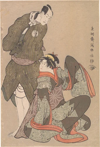 Bandō Hikosaburō III in the Role of Obiya Chōemon and Iwai Hanshiro IV in the Role of Shinanoya Ohan, from the Play “Nihonmatsu Michinoku sodachi” by Tōshūsai Sharaku, print, 1794-1795