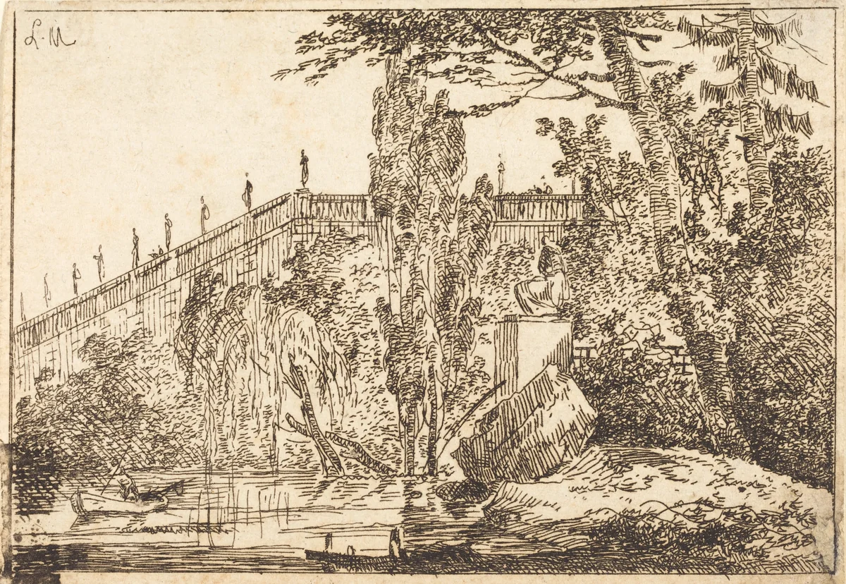 Park with Terrace and a Balustrade with Statues by Louis Gabriel Moreau, print, 1740-1806