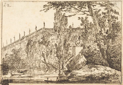 Park with Terrace and a Balustrade with Statues by Louis Gabriel Moreau, print, 1740-1806