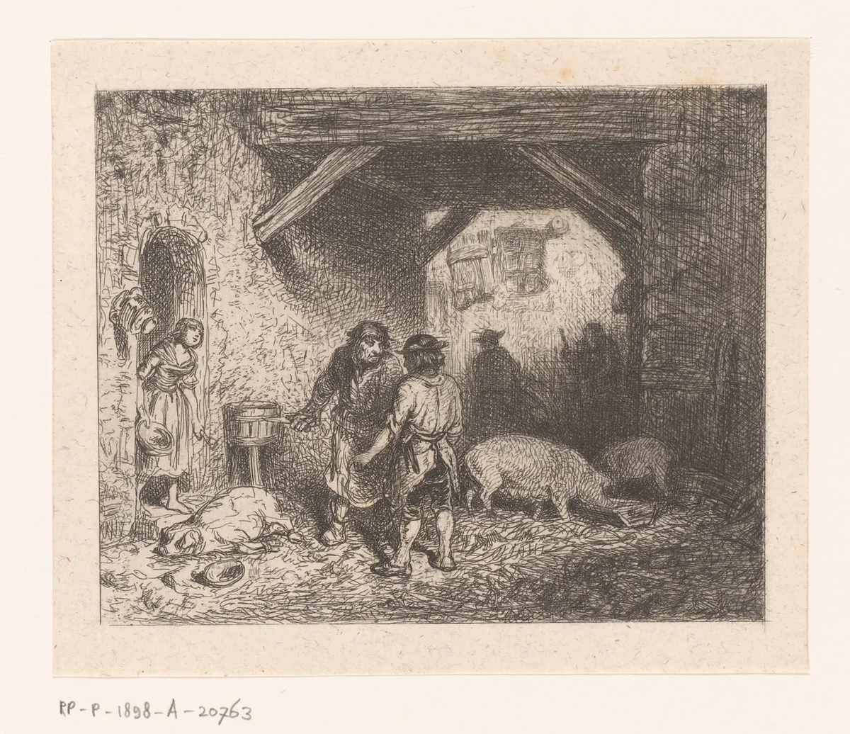 Twee slagers in een varkensstal by Charles Emile Jacque, print, 1844