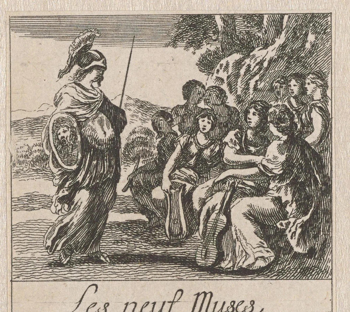 Minerva en de negen Muzen by anonymous, print, 1620-1664