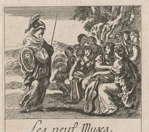 Minerva en de negen Muzen by anonymous, print, 1620-1664