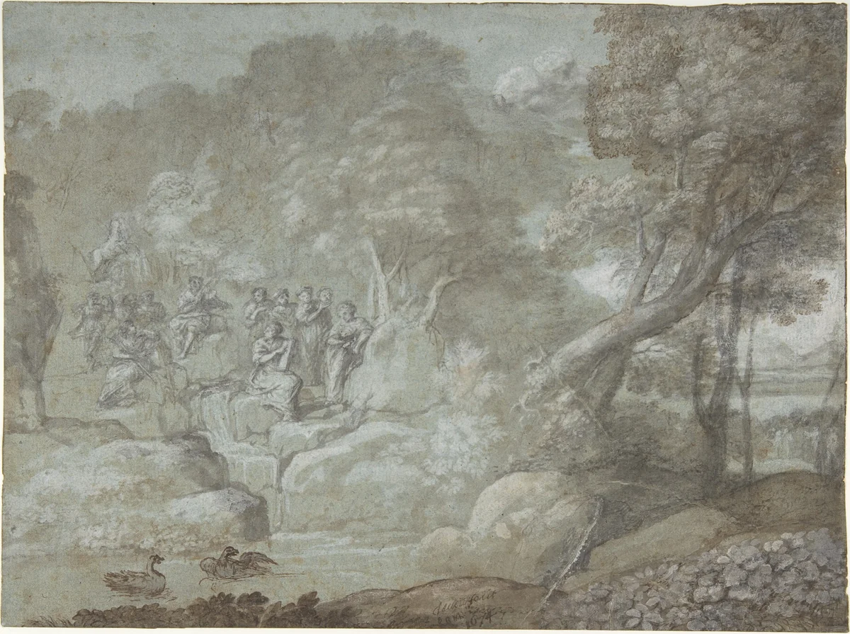 Landscape with Apollo and the Muses by Claude Lorrain, drawing, 1674