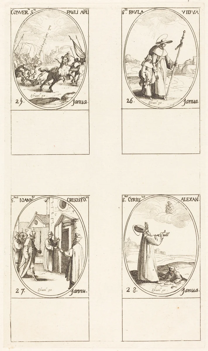 The Conversion of Saul; St. Paul; St. John Chrysostom; St. Cyril of Alexandria by Jacques Callot, print, 1627-1637