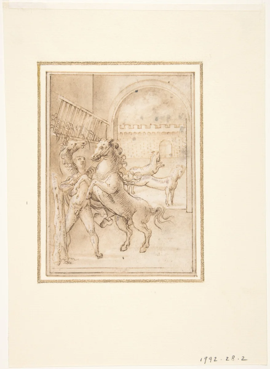 An Allegory: Male Nude in a Stable with Four Wild Horses by Prospero Fontana, drawing, 1507-1610