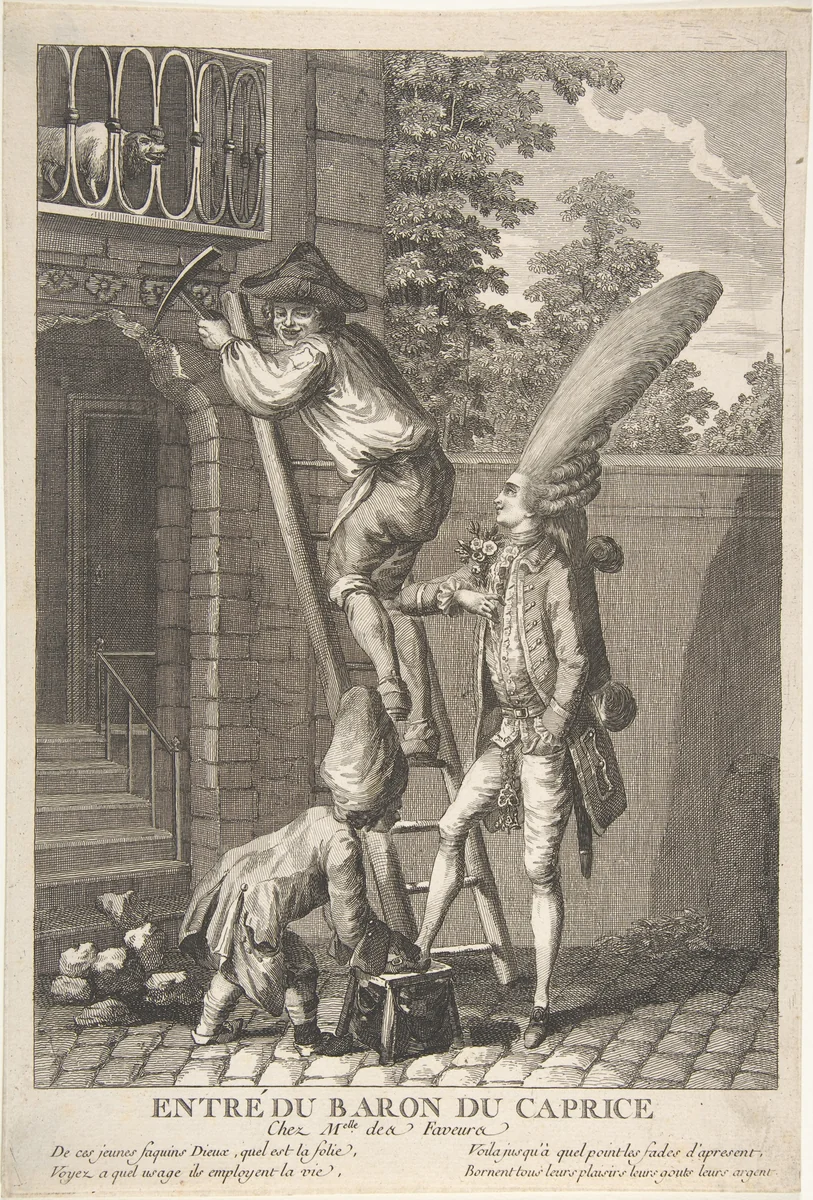 The Entry of the Baron of Caprice to the Home of Miss Favors (Entré du Baron du Caprice chez Melle des Faveurs) by anonymous, print, 1750-1800