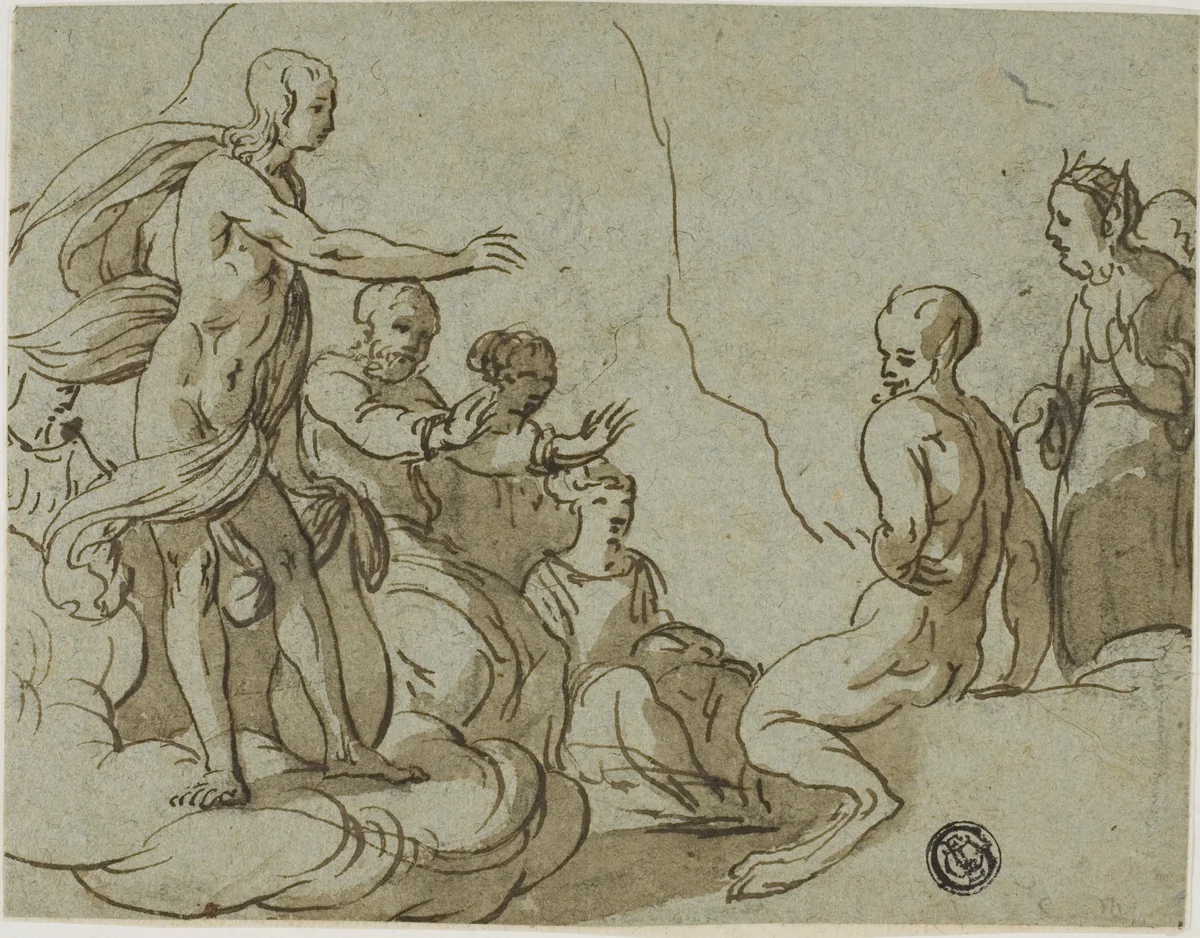 King Midas at the Contest Between Apollo and Pan by Abraham Jansz Diepenbeeck, drawing, 1616-1675