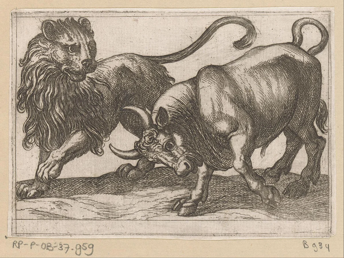 Een stier een leeuw aanvallend by Antonio Tempesta, print, 1600