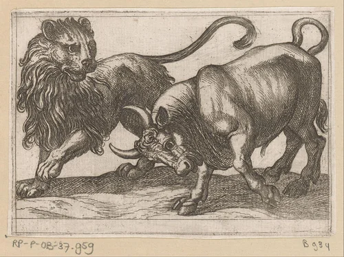 Een stier een leeuw aanvallend by Antonio Tempesta, print, 1600