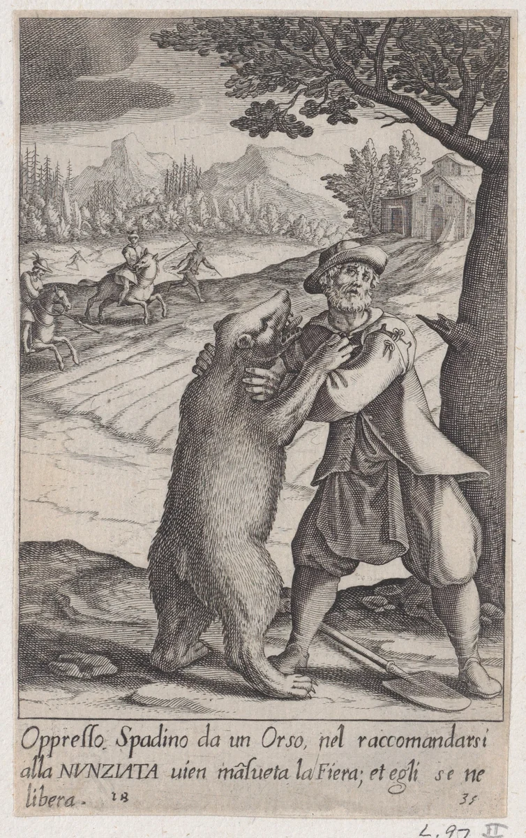 Spadino and the Bear, from Scelta d'Alcuni Miracoli e Grazie della Santissima Nunziata di Firenze (Selection of Some Miracles and Graces that Occurred in the Church of the Annunziata in Florence) by Jacques Callot, print, 1611-1619
