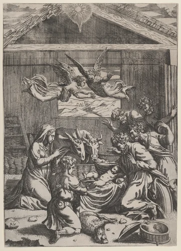 The Adoration of the Shepherds by Marcantonio Raimondi, print, 1495-1555