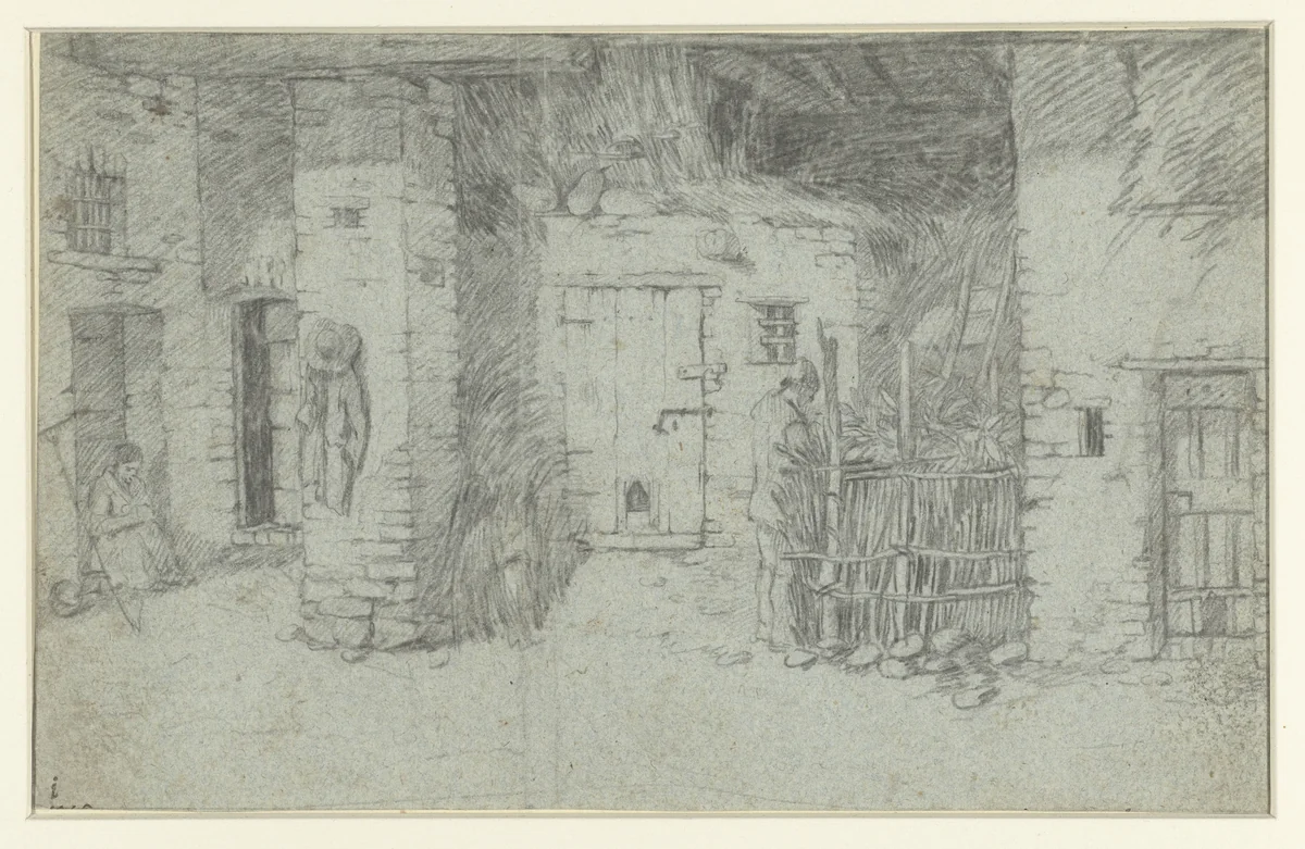 Interieur van boerendeel met zittend vrouw en waterende man by anonymous, drawing, 1700-1800