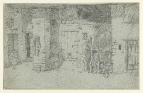 Interieur van boerendeel met zittend vrouw en waterende man by anonymous, drawing, 1700-1800