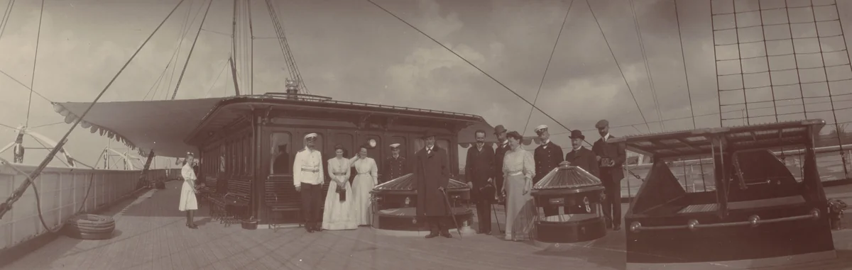 Sofia Demitrevna Evreinov, Grand Duchess Xenia Holding a Camera, and Others On Board the Poliarnaia Zvezda by Unidentified Photographer, photograph, 1908
