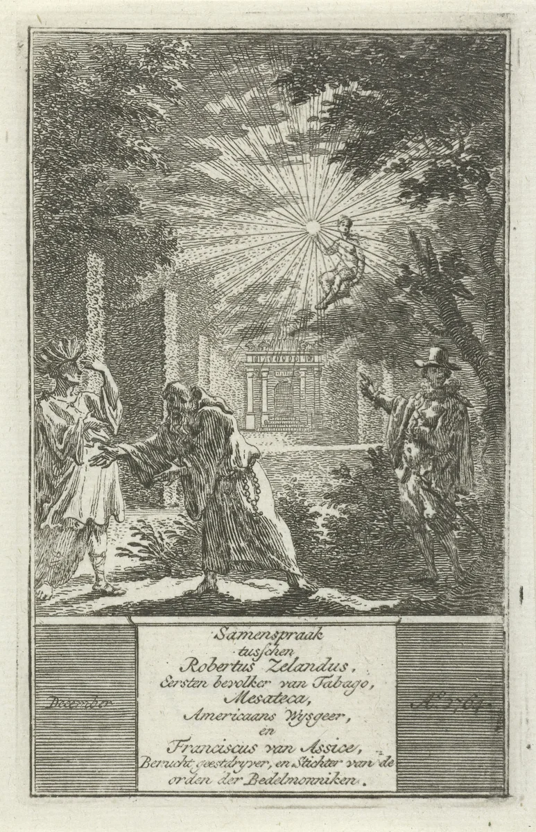 Drie figuren in een tuin by Simon Fokke, print, 1722-1784
