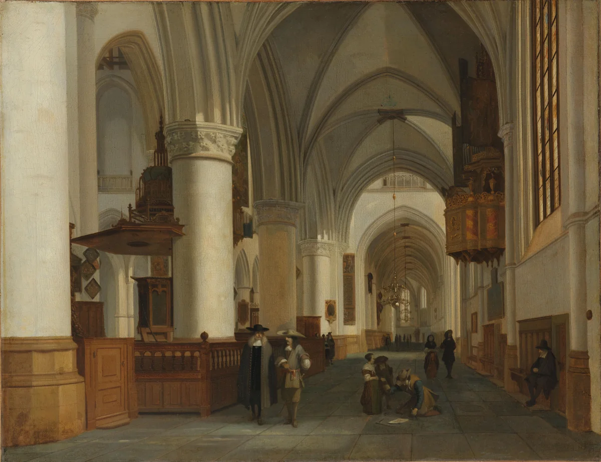 Interior of the Church of St Bavo in Haarlem by Job Adriaensz Berckheyde, painting, 1674