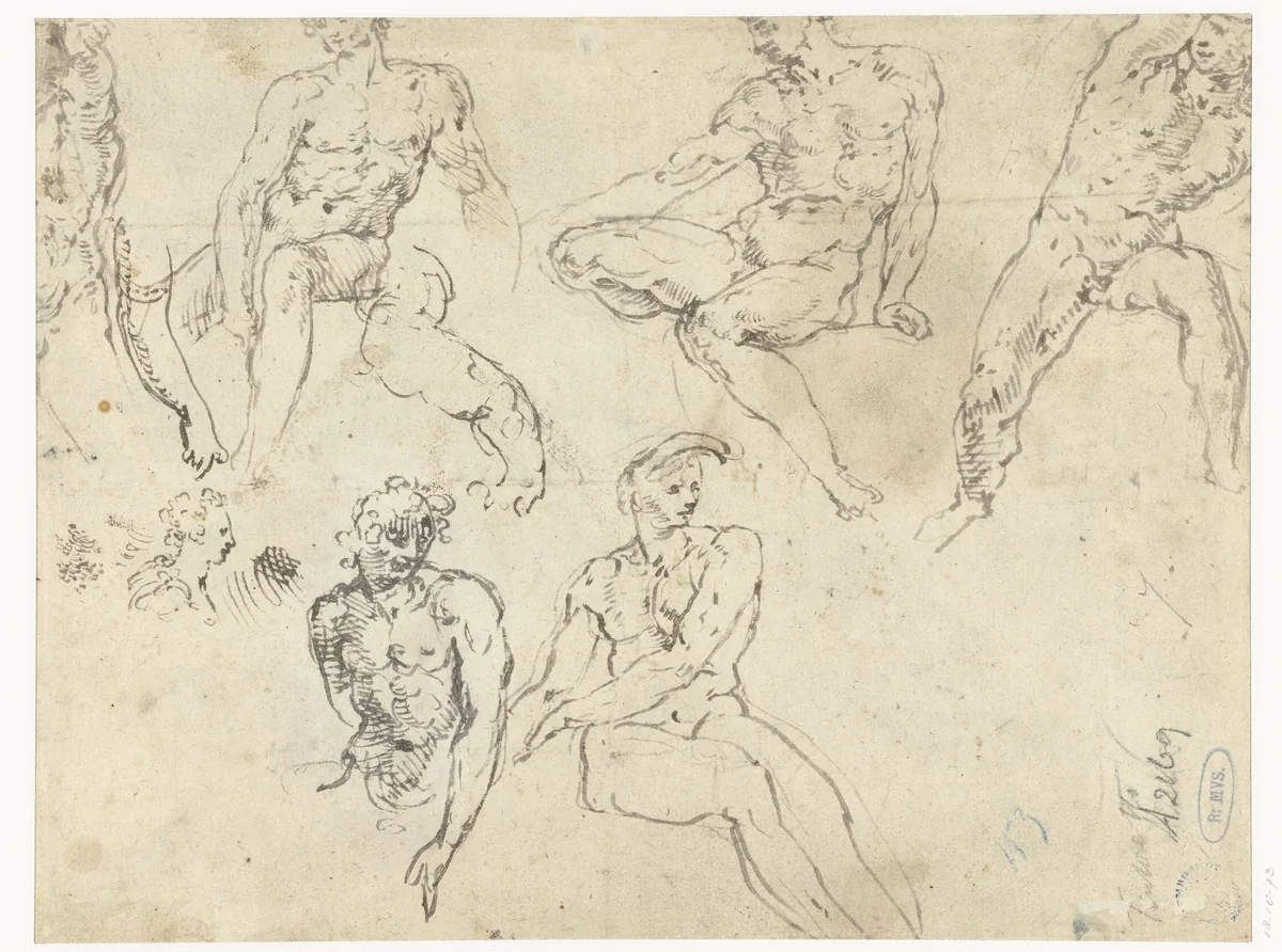 Studies van zittende naakte mannen, de Ignudi by anonymous, drawing, 1535-1540