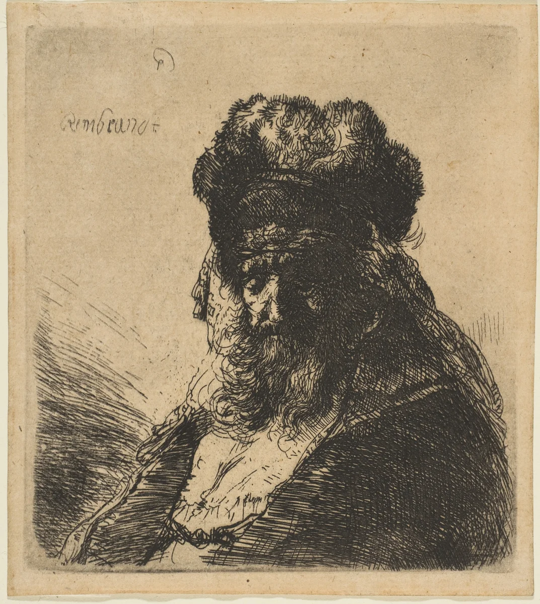 The Old Bearded Man in a High Fur Cap, with Eyes Closed by Rembrandt van Rijn, print, 1630-1640