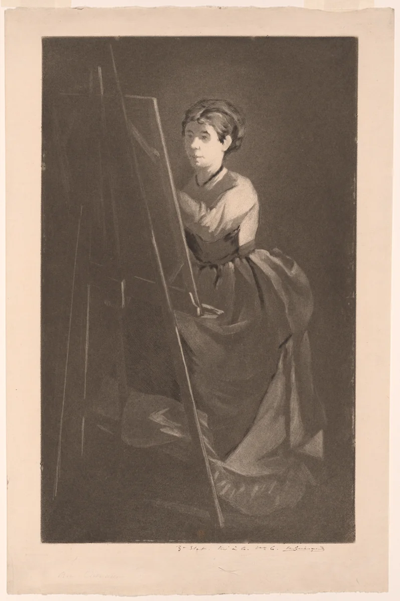 At the Easel – Portrait of the Artist Jeanne Gonzalès by Henri Charles Guérard, print, 1866-1890