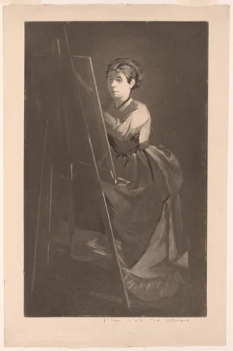 At the Easel – Portrait of the Artist Jeanne Gonzalès by Henri Charles Guérard, print, 1866-1890