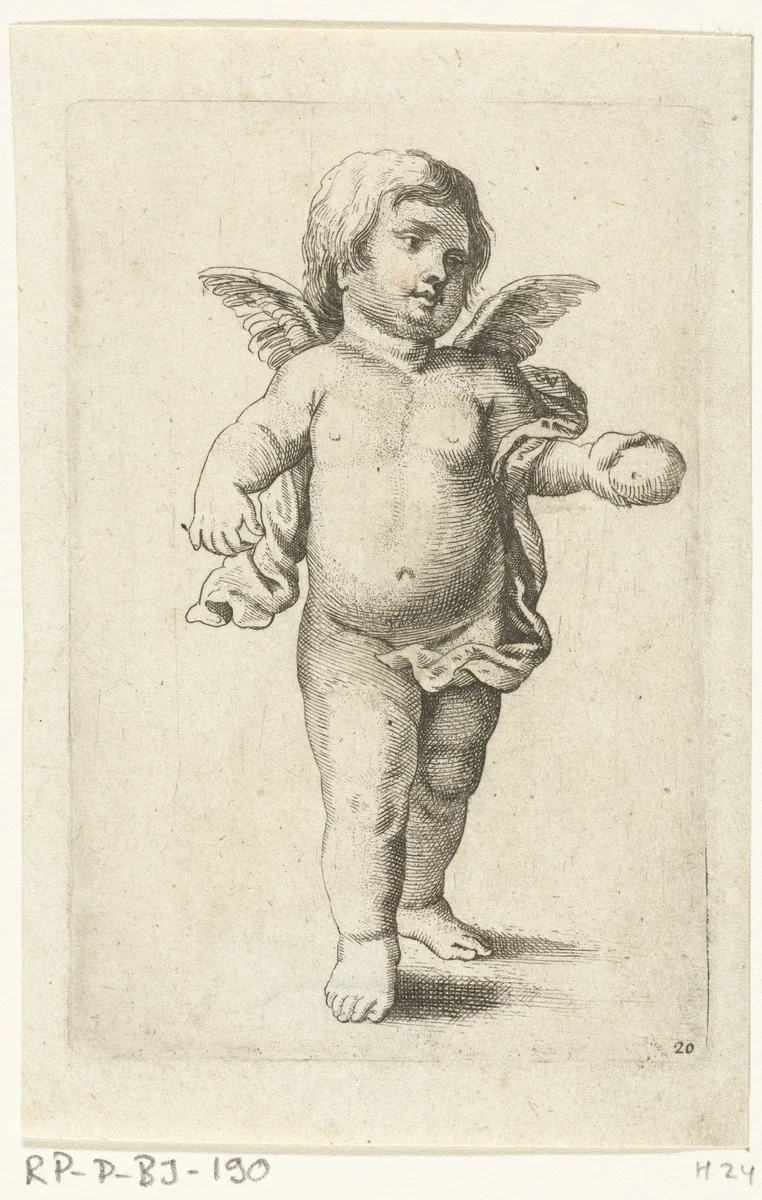 Staand engeltje met sinaasappel by Pieter van Avont, print, 1630-1652